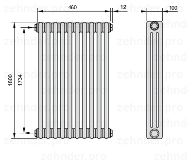 Схема (чертеж) Радиатор Zehnder Charleston 3180/10 №1270 Technoline TL